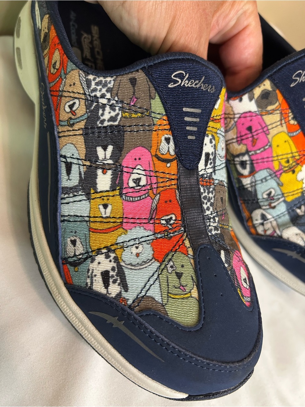 Skechers Kids Navy Slip-On Sneakers with Colorful Dog Pattern